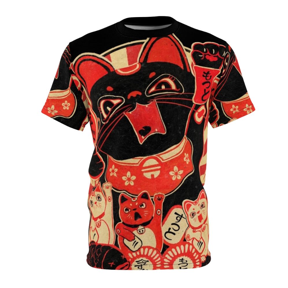 Illustration of a quirky, vintage-style Japanese lucky cat in a revolution-themed design.