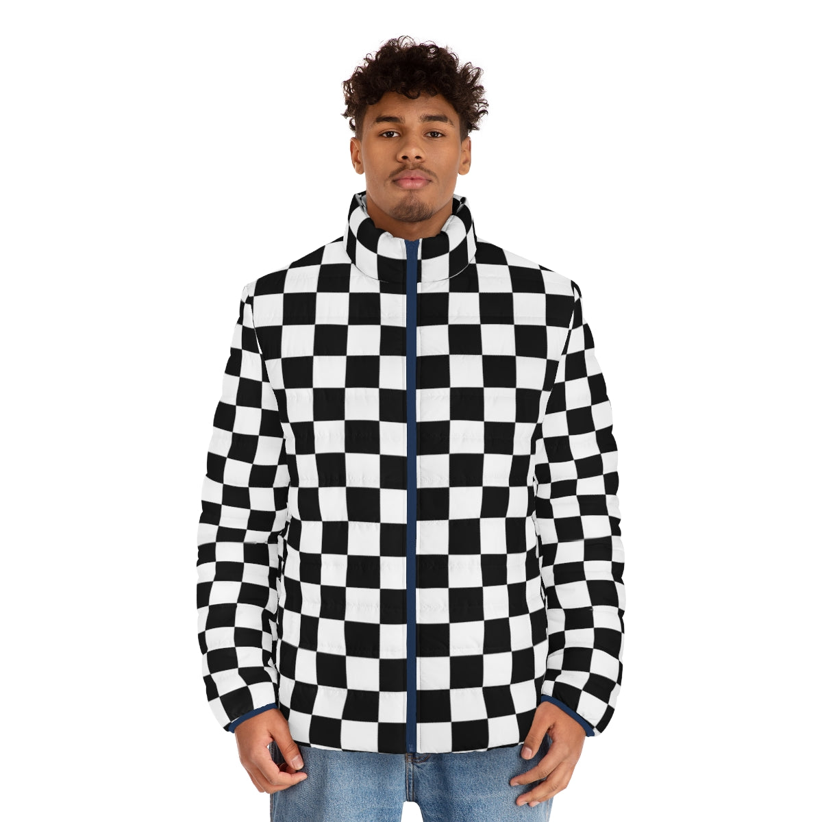 Black checkerboard puffer jacket with a modern, geometric pattern - men front