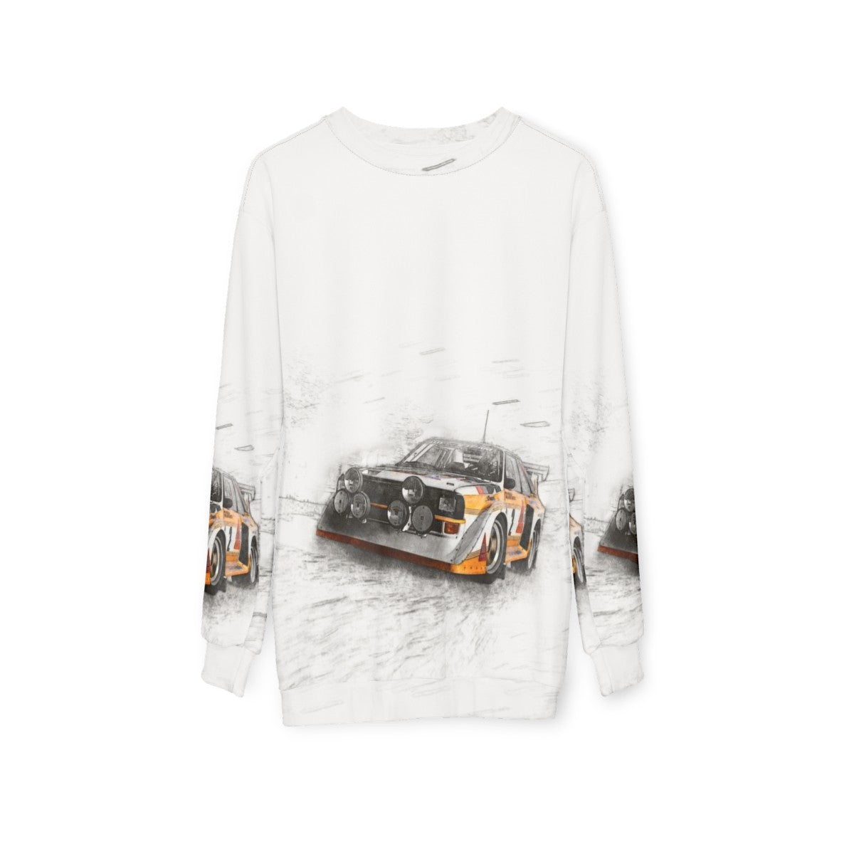 Rally car illustration sweatshirt for motorsport enthusiasts - hanging