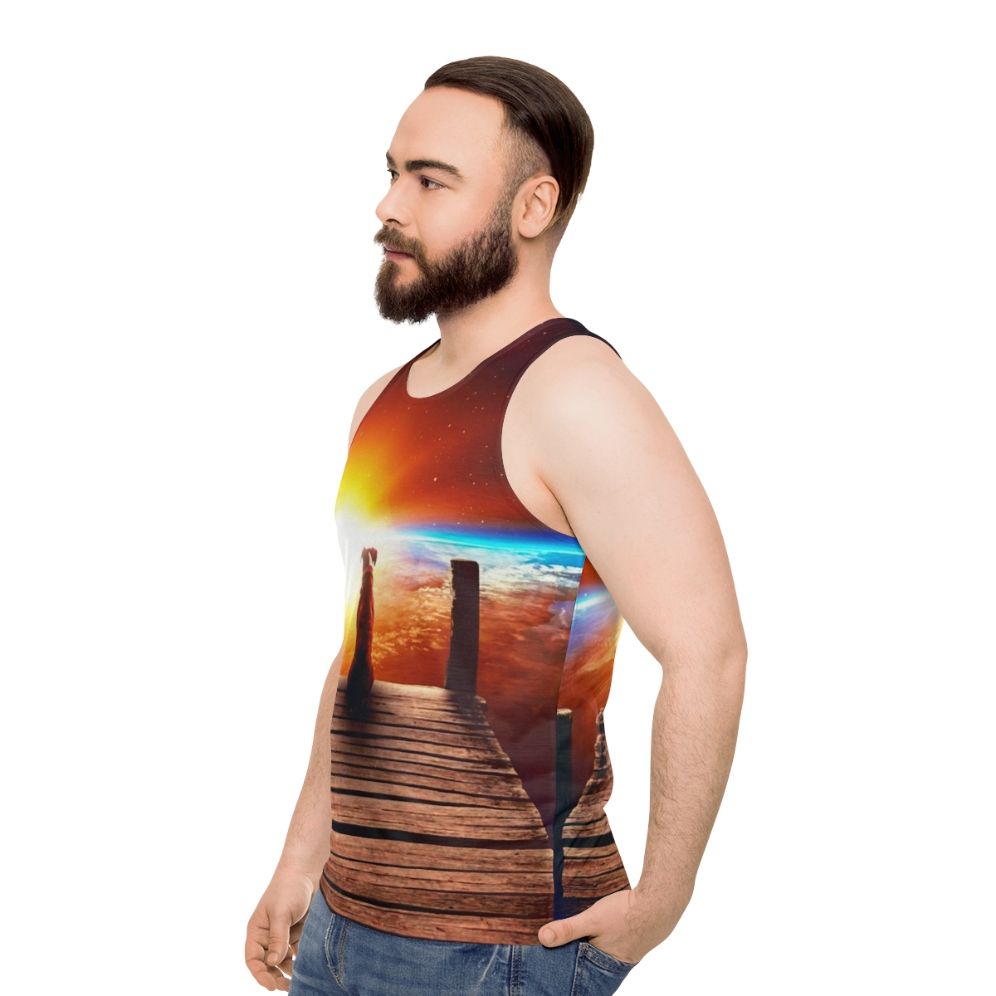 Surreal unisex tank top with digital collage of space and a dog - men side