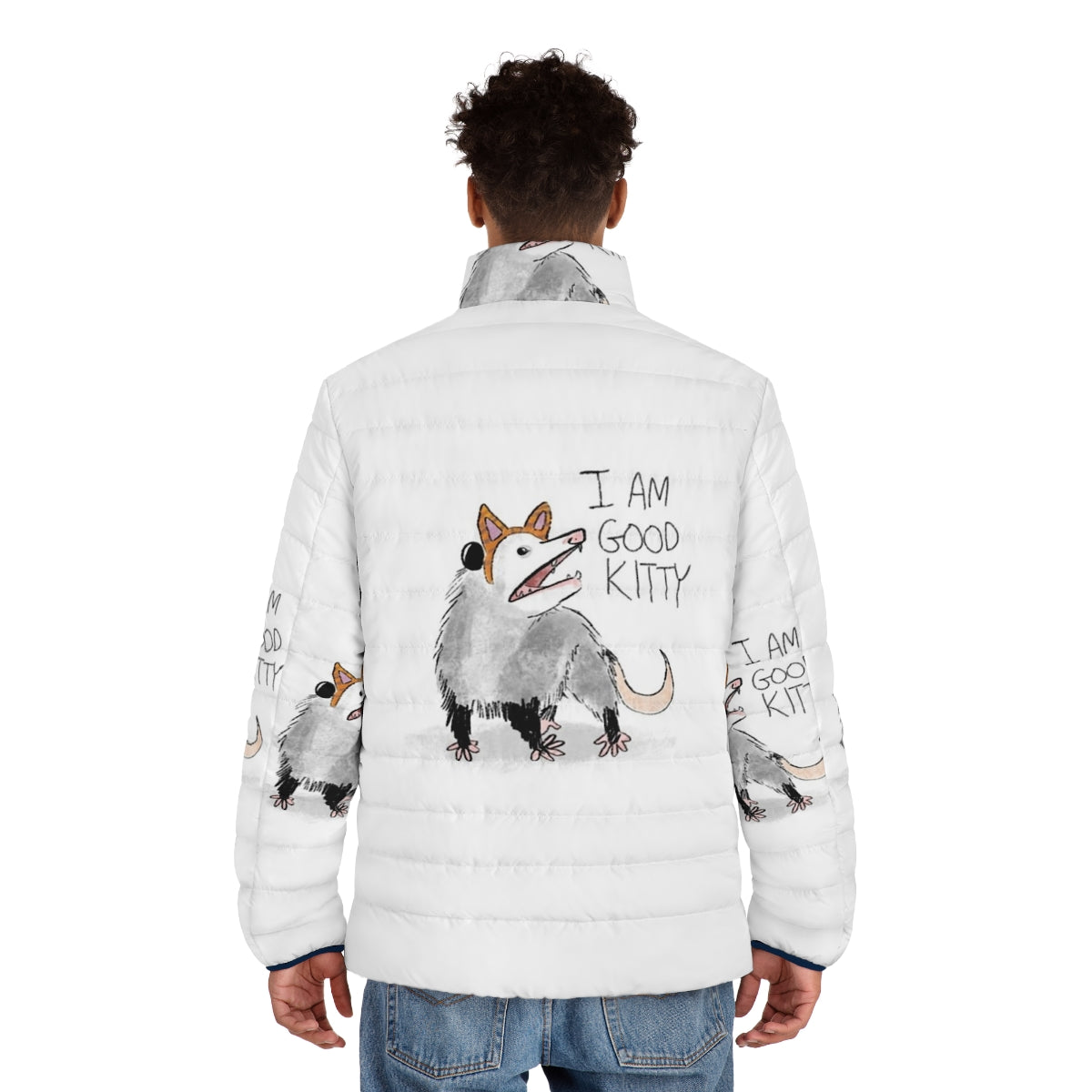 Puffer jacket with cute kitty design - men back