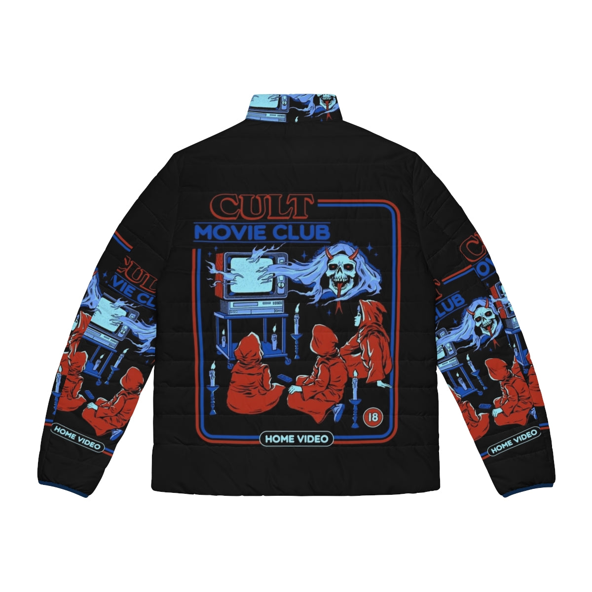 Cult Movie Club Vintage Puffer Jacket featuring retro horror film graphics - Back