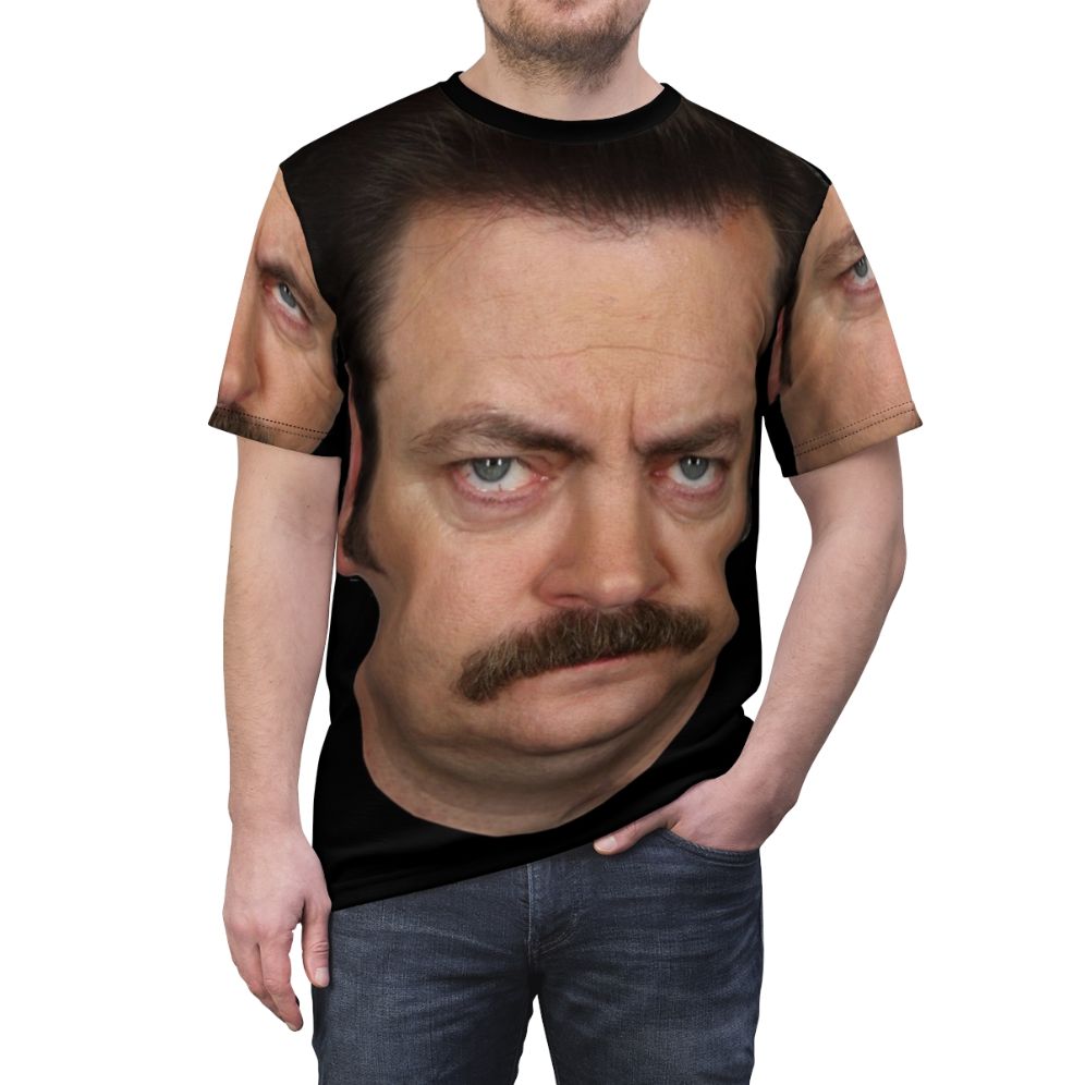 Graphic t-shirt design featuring a circle motif with references to the TV series Parks and Recreation and the character Ron Swanson. - men front