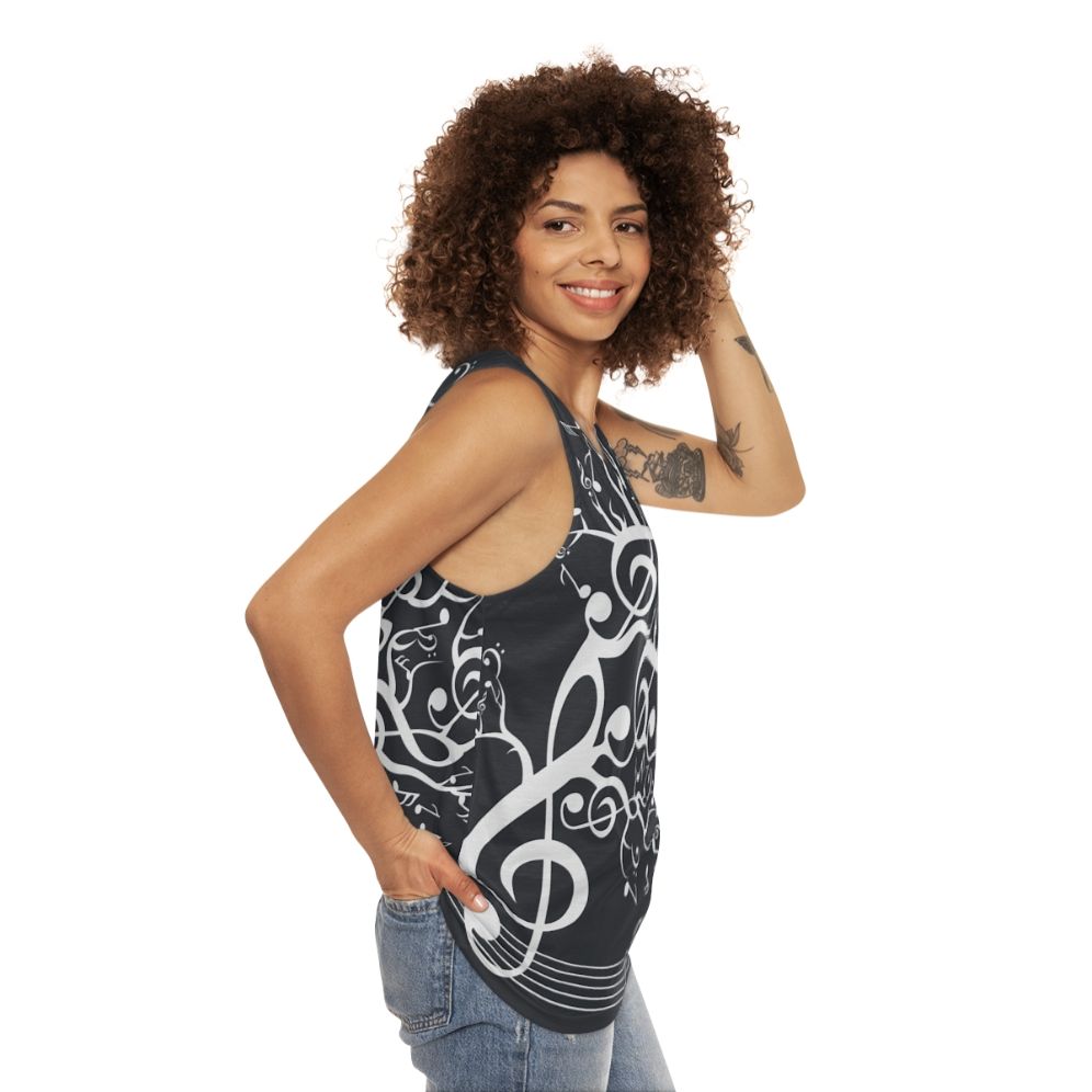 White unisex tank top with nature and music design - women side