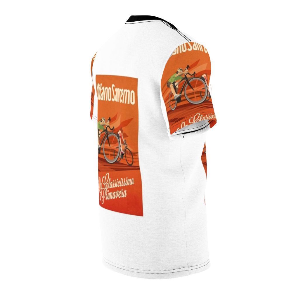 Retro cycling jersey inspired by the Milan-San Remo classic, featuring a vintage-style design with cycling imagery. - men right