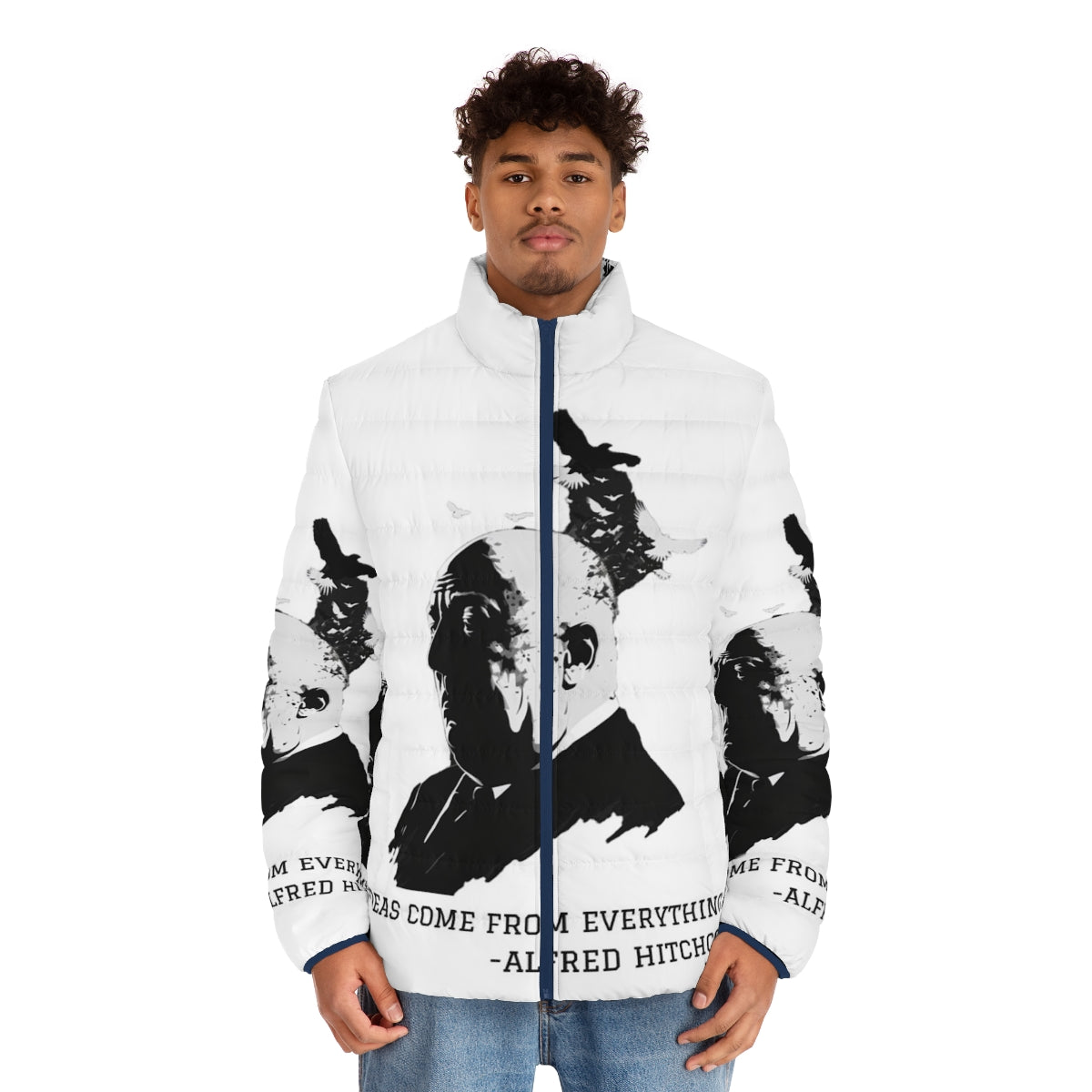 Alfred Hitchcock inspired puffer jacket with iconic illustration graphic - men front