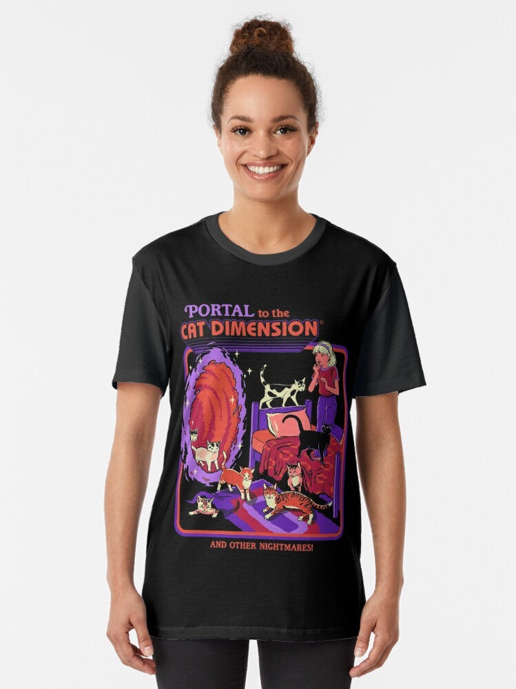 A retro-style graphic t-shirt featuring a cat in a sci-fi dimensional portal. - Women