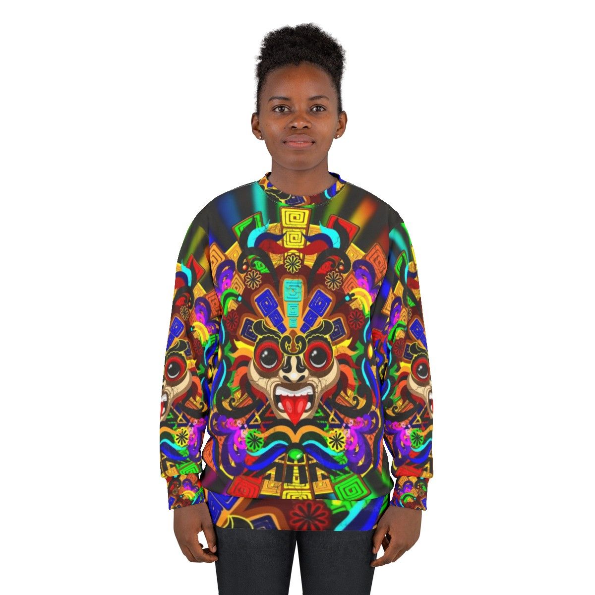 Aztec warrior mask sweatshirt with vibrant rainbow colors - women