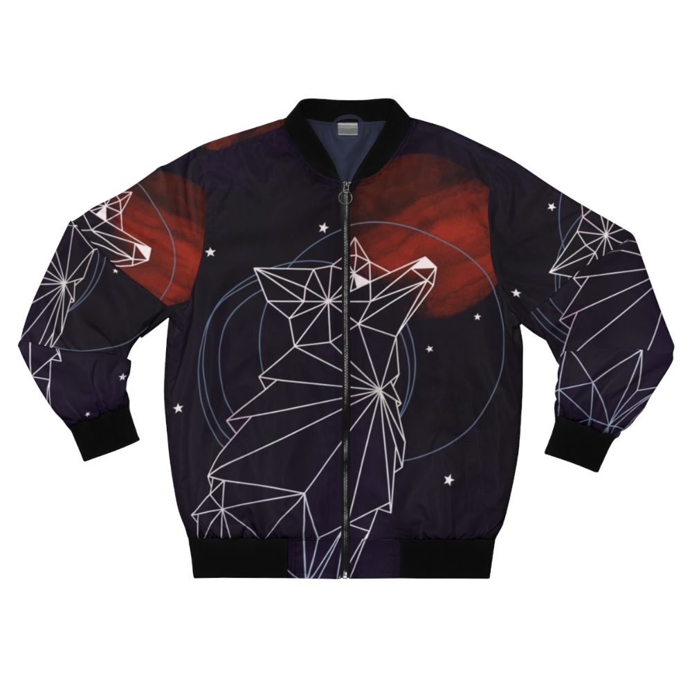 A cool and stylish cosmic bomber jacket featuring a fox surrounded by stars and geometric patterns in a galaxy-inspired design.