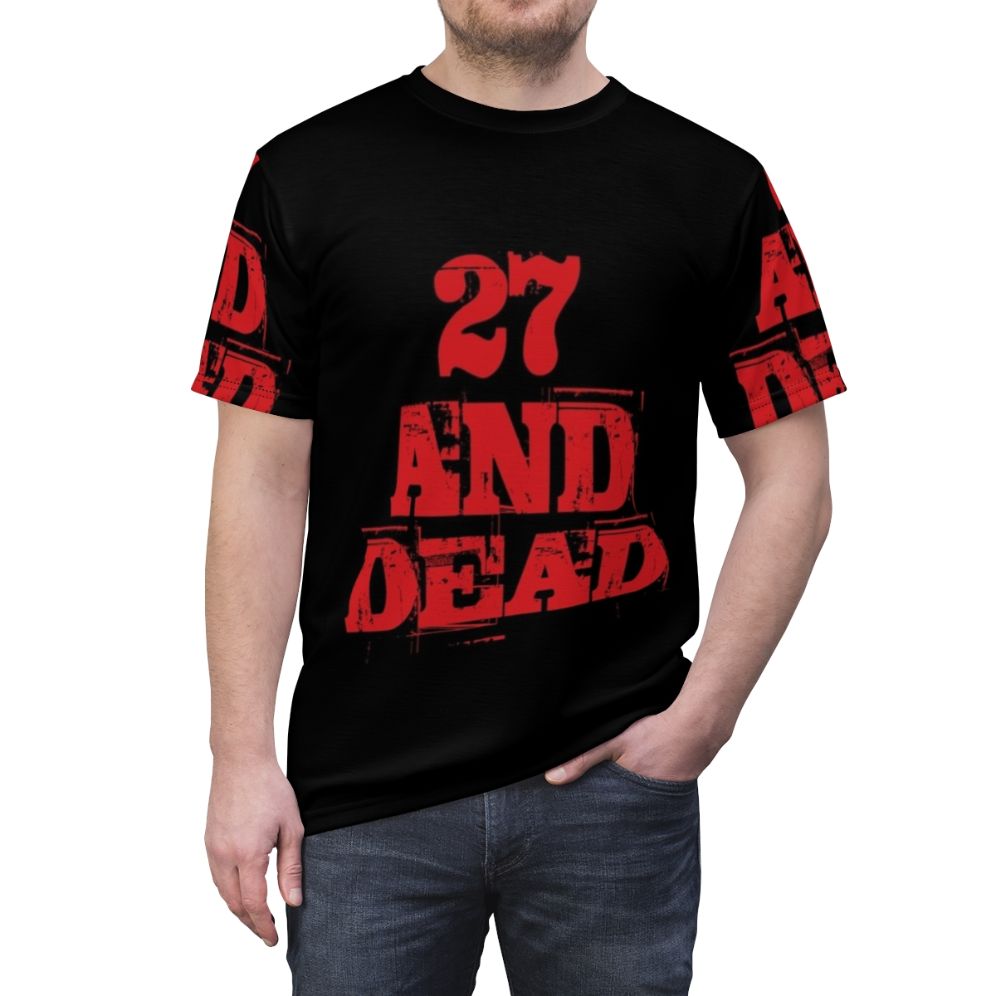 Retro t-shirt design featuring the text "27 And Dead" with a zombie-inspired graphic. - men front