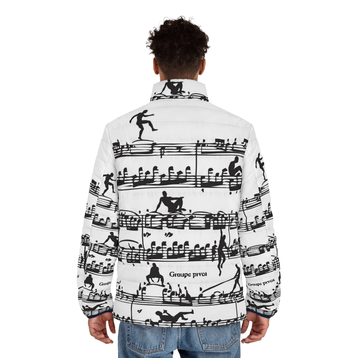 Illustration of Wolfgang Amadeus Mozart on a stylish men's puffer jacket - men back