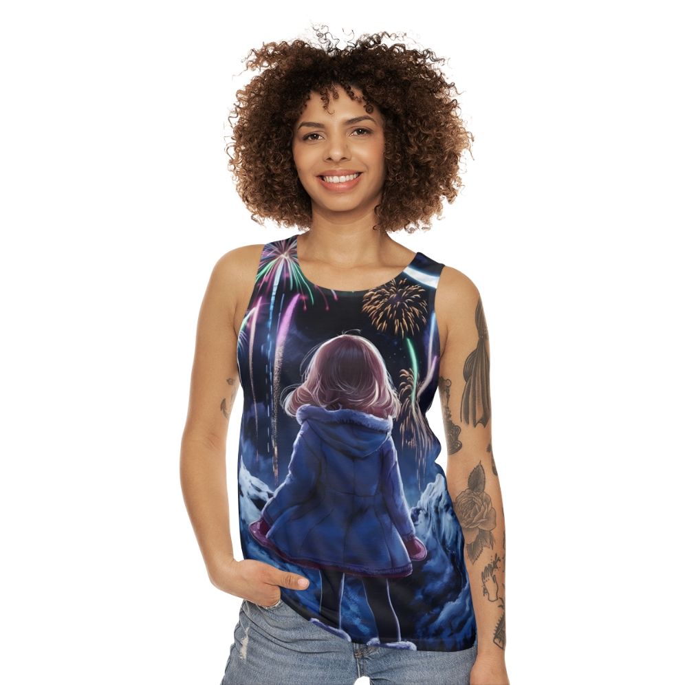 Anime unisex tank top with colorful fireworks and fantasy scenery - women