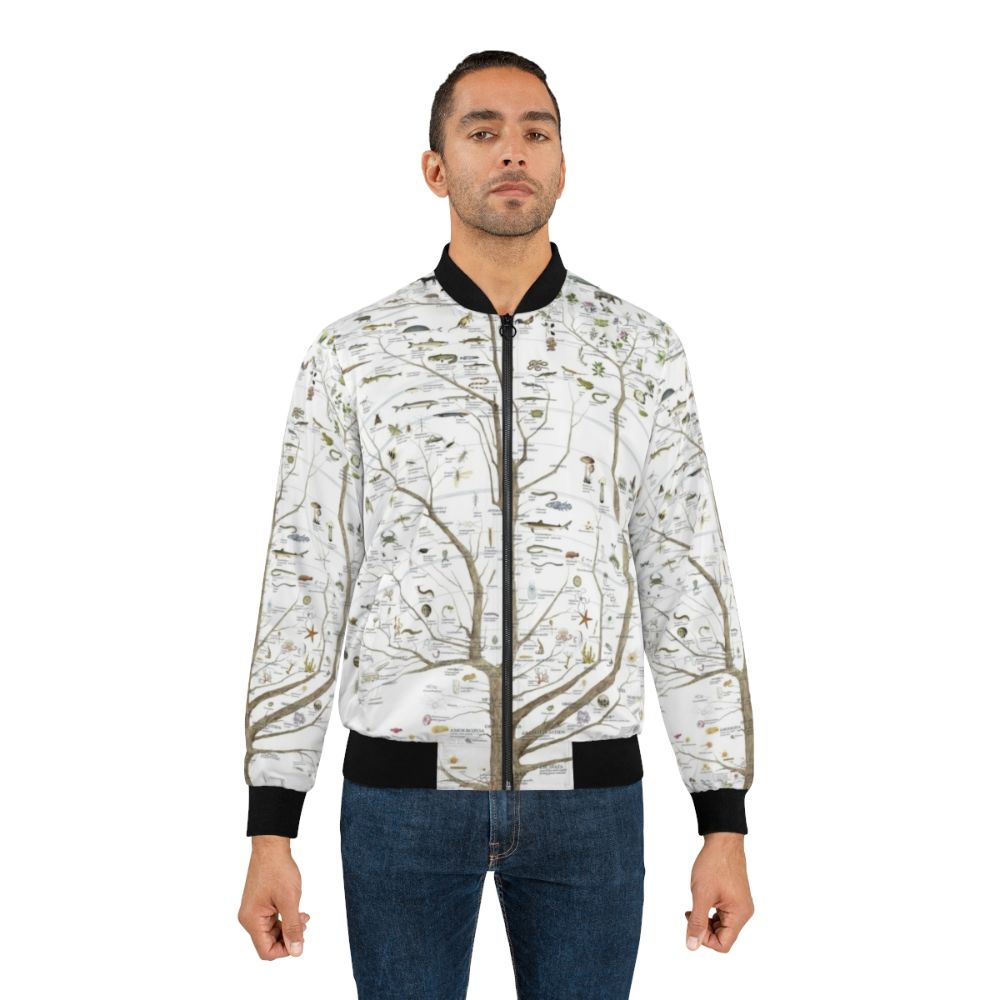 Stylish bomber jacket featuring a tree of life design with birds and dinosaurs, representing the evolution of life on Earth. - Lifestyle