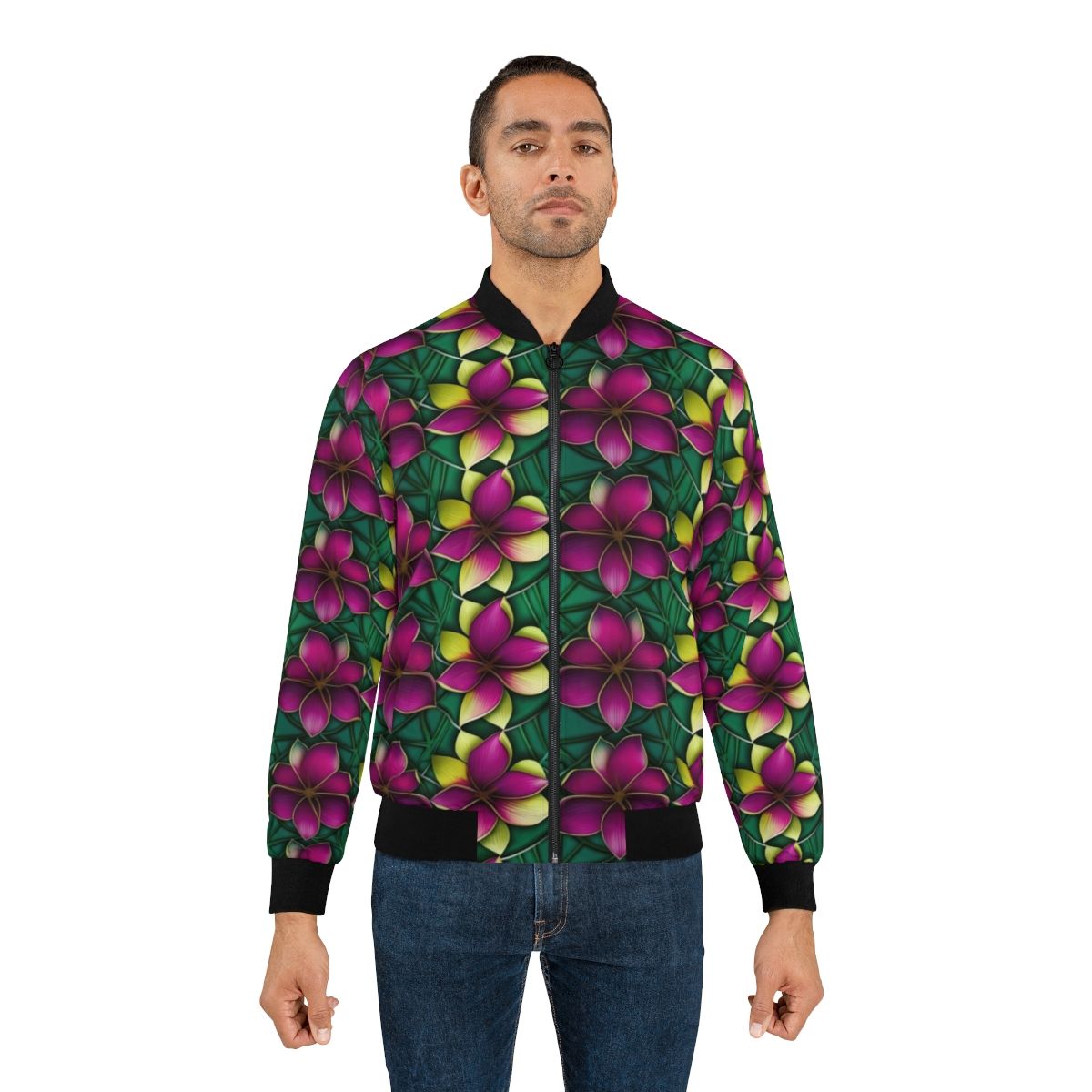 Colorful plumeria flower print on a vibrant bomber jacket - Lifestyle