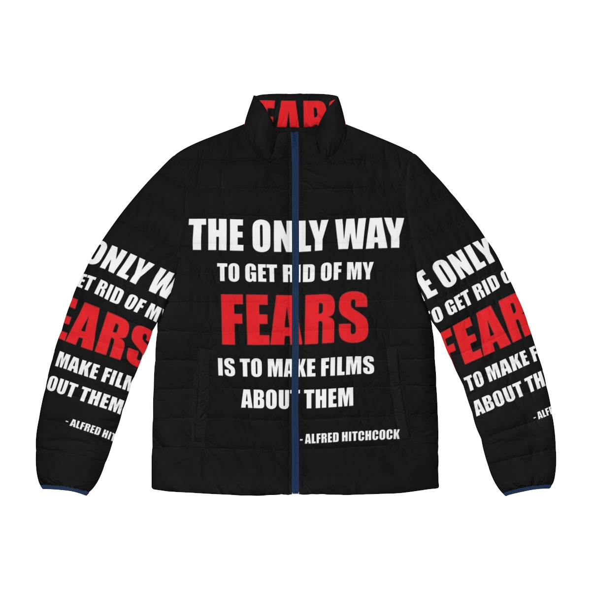 Stylish puffer jacket featuring a classic Alfred Hitchcock quote