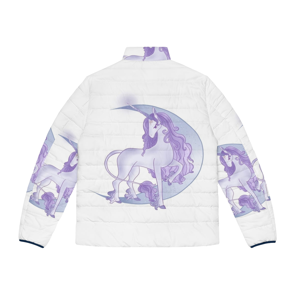 A white unicorn standing in the moonlight, wearing a magical moon puffer jacket - Back