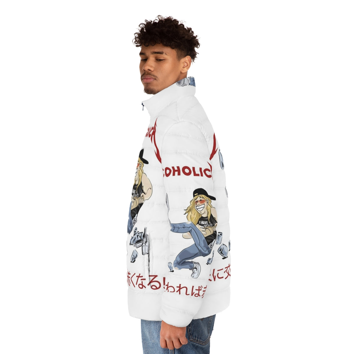 Alcoholica Puffer Jacket featuring metal music, anime-style cartoon, and alcohol-themed imagery - men side left