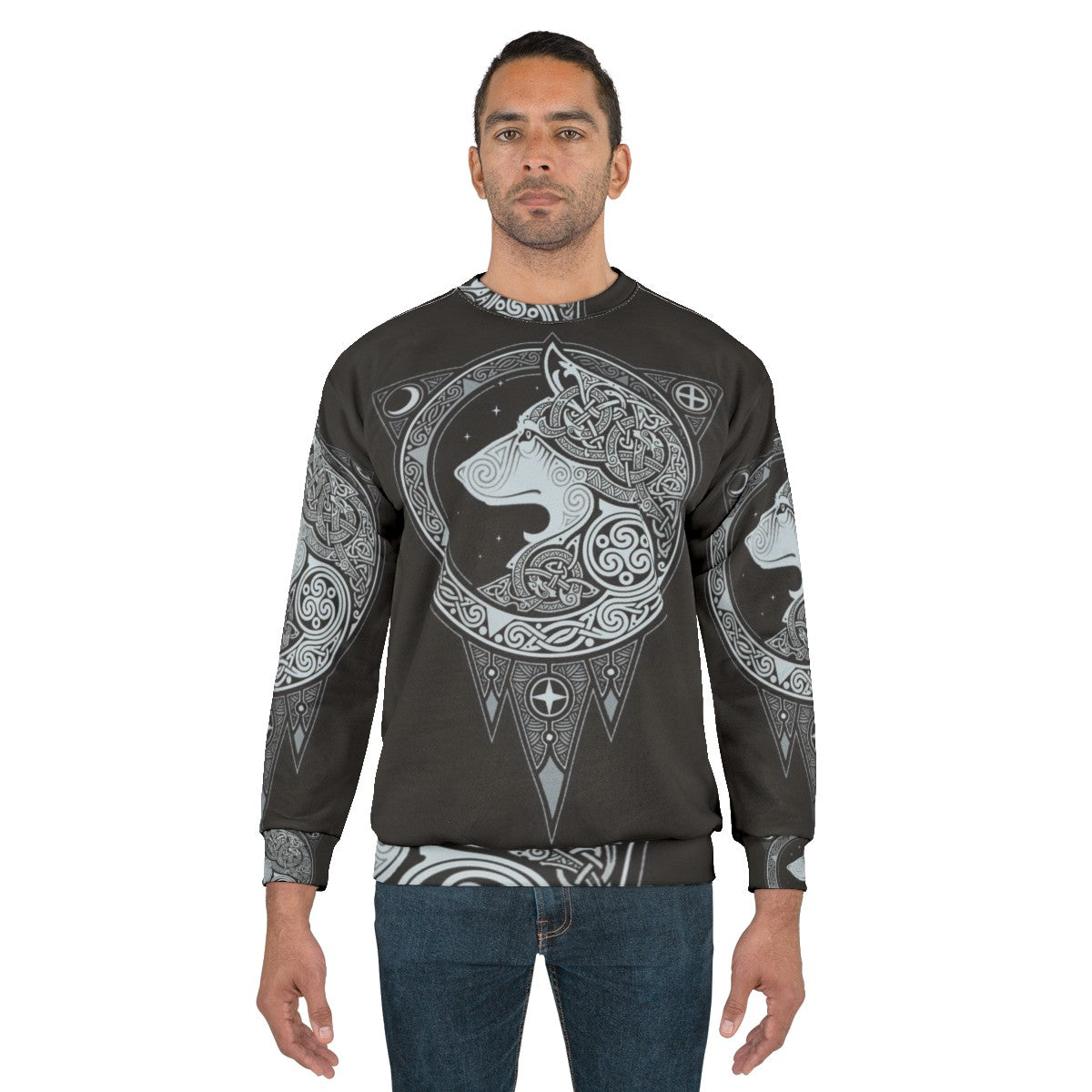 Norse Ulv Silver Sweatshirt with Scandinavian Mythology and Wolf Graphic - men