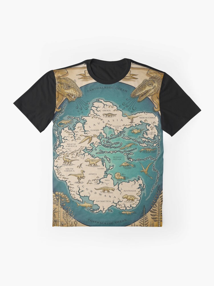 A graphic t-shirt featuring a map of the Pangaea supercontinent from prehistoric times. - Flat lay