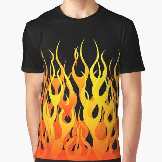 A high-quality graphic t-shirt featuring a dynamic racing flames design, perfect for car enthusiasts and motorsport fans.