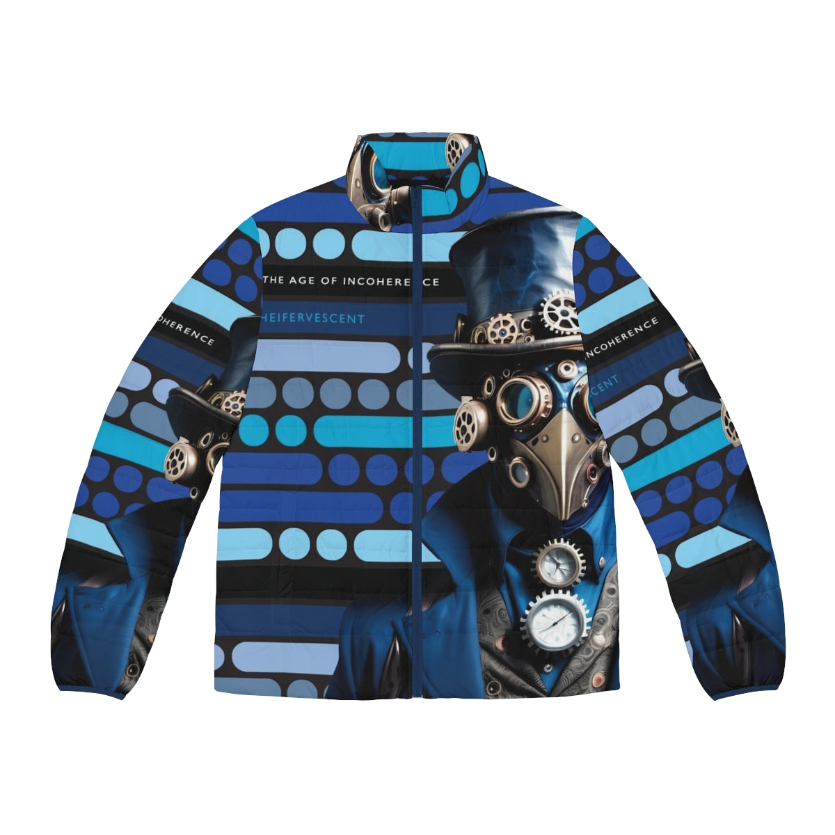 A stylish blue puffer jacket with a steampunk-inspired design, featuring Morse code accents.