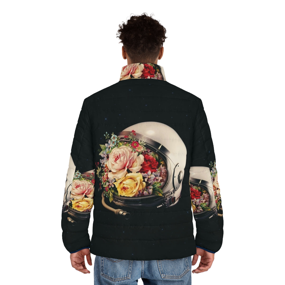 Puffer jacket featuring a collage of an astronaut, space, stars, and flowers - men back