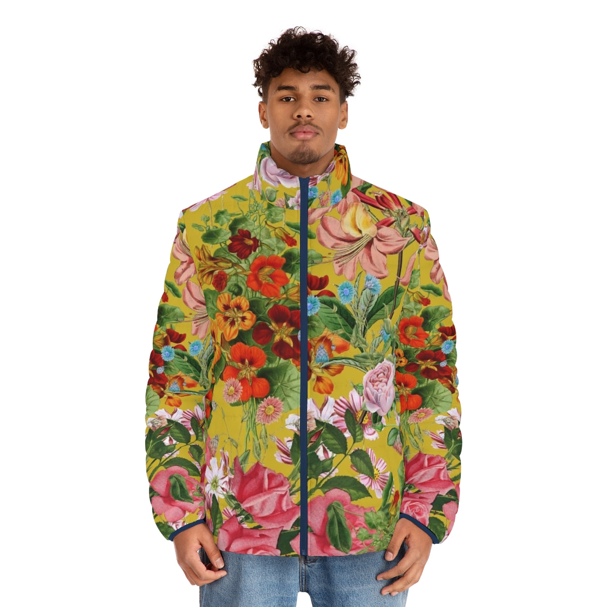 Floral pattern on yellow background puffer jacket - men front