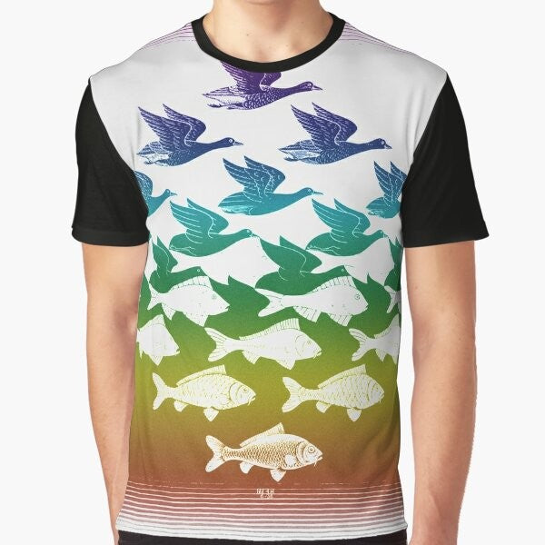 Escher-inspired optical illusion graphic t-shirt featuring colorful nature and animal elements