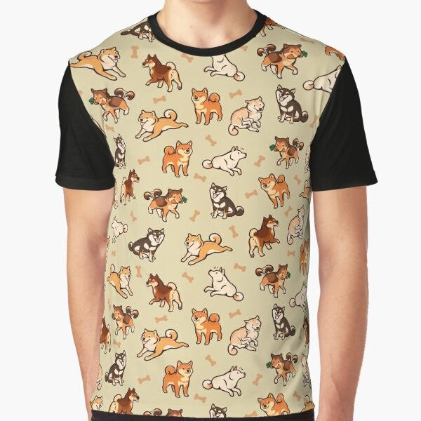 Graphic t-shirt featuring a pattern of cute shiba inu dogs in a cream background