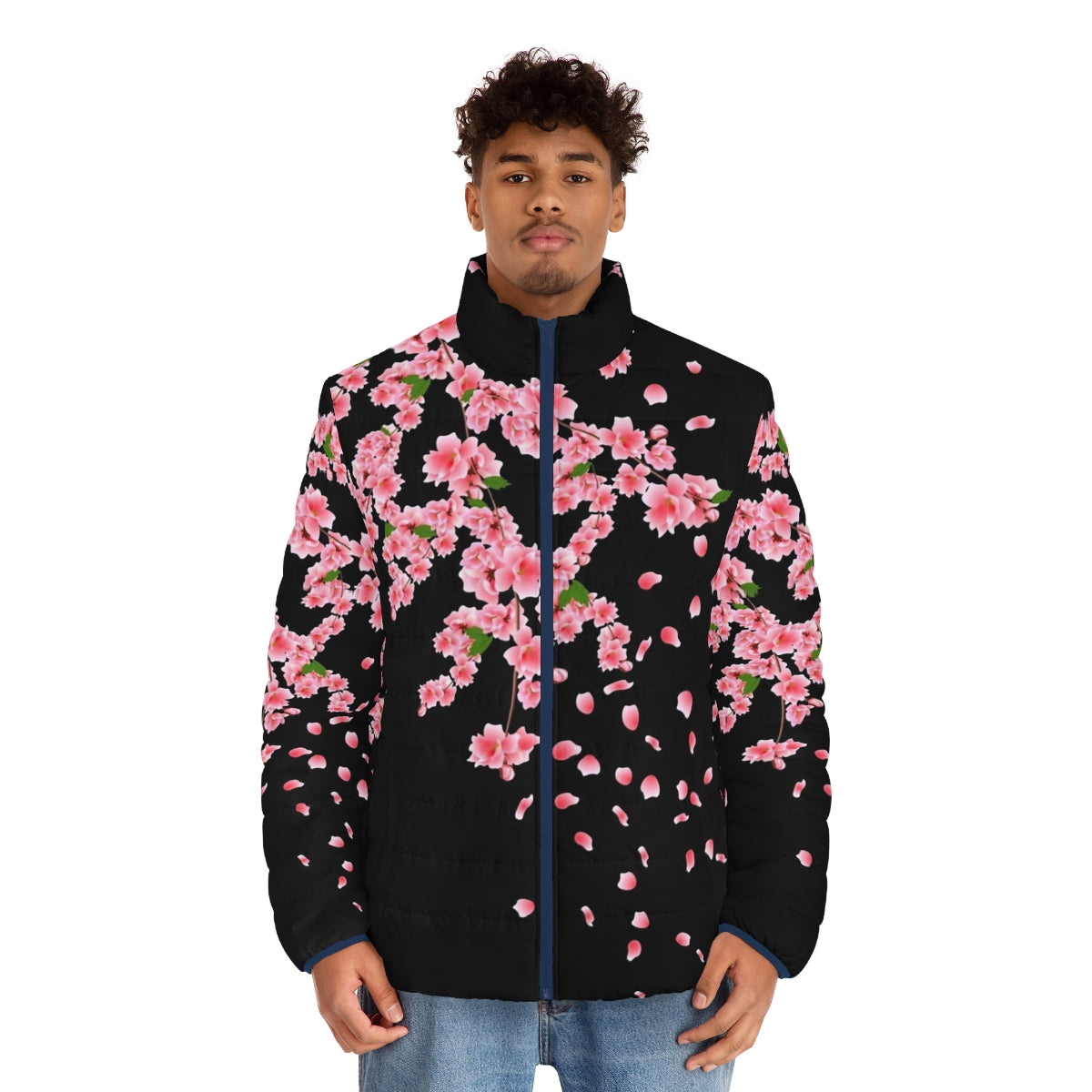 Sakura cherry blossom puffer jacket with pink floral design - men front