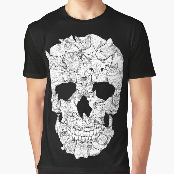 A black t-shirt featuring a graphic design of a cat skull, perfect for horror and gothic fans.