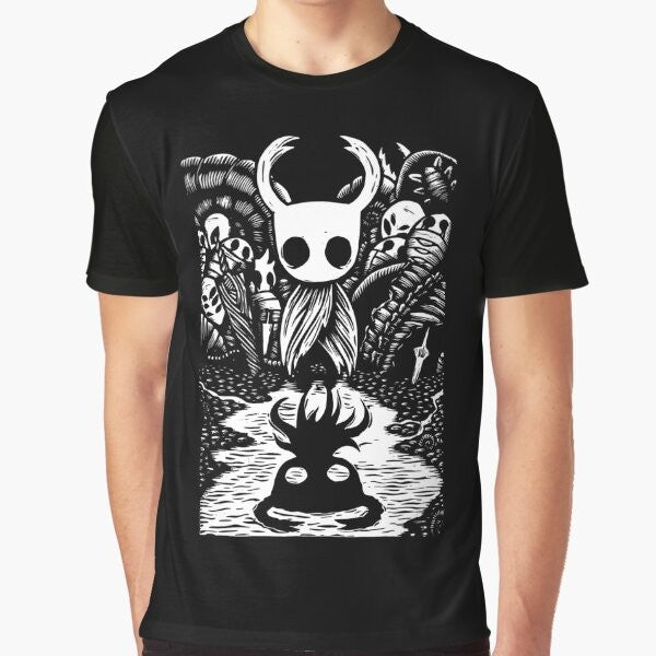 Graphic t-shirt design featuring the protagonist from the video game Hollow Knight