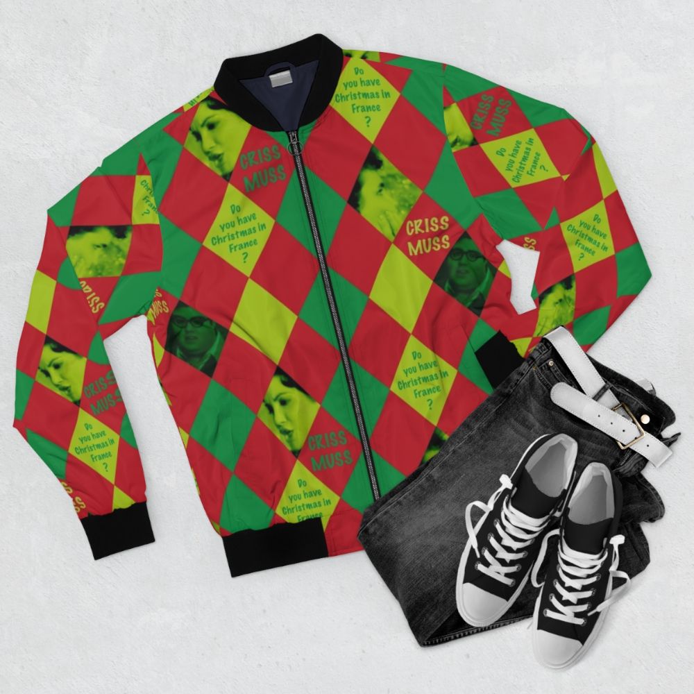 80s Christmas Bomber Jacket with retro movie references - Flat lay