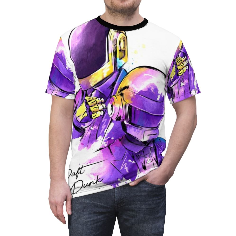 Watercolor-style t-shirt design featuring Daft Punk inspired imagery - men front