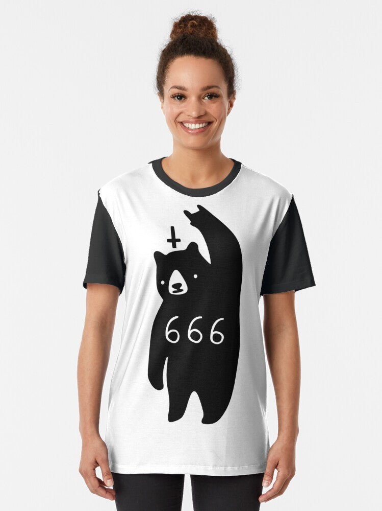 Black Bear Metal Graphic T-Shirt with Devil Horns and Satanic Symbols - Women