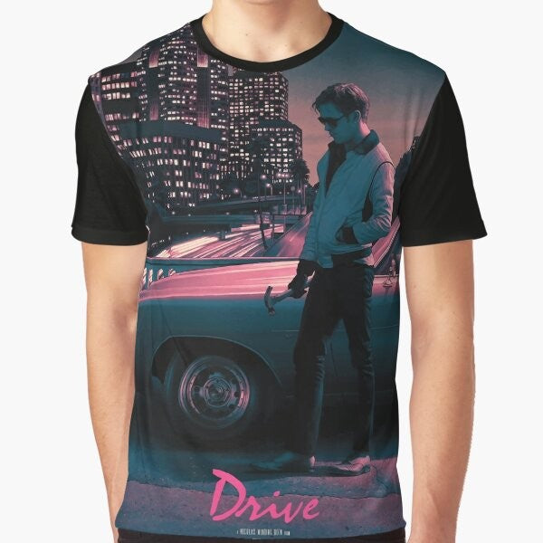 Drive movie poster graphic t-shirt featuring Ryan Gosling, Carey Mulligan, and elements from the film by Nicholas Winding Refn