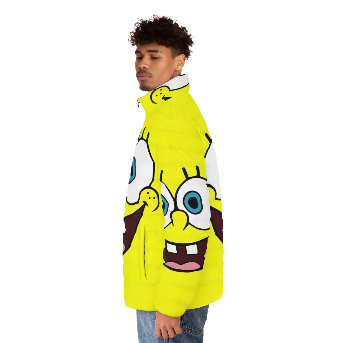 SpongeBob cartoon character printed on a yellow puffer jacket - men side left