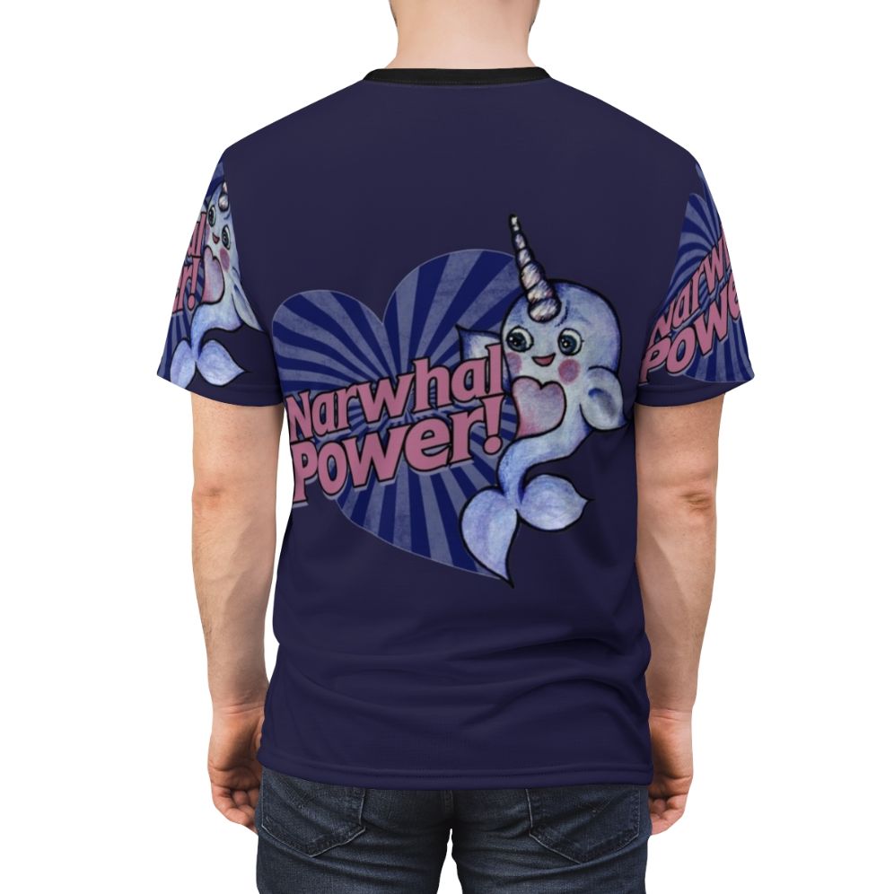 Whimsical illustration of a purple and blue narwhal on a high-quality t-shirt for narwhal enthusiasts. - men back