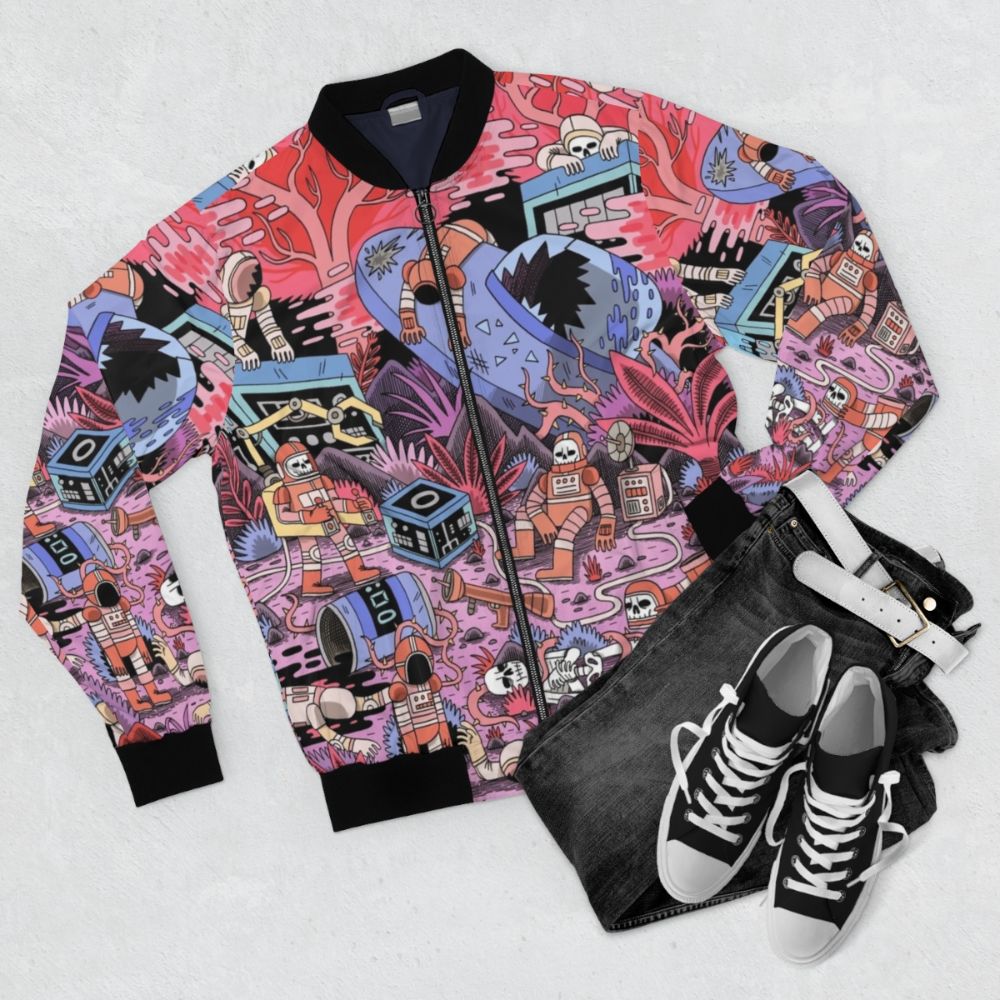 Chaos Bomber Jacket - Stellar sci-fi inspired outwear with a bold, detailed design featuring a spaceman, skulls, and cosmic elements. - Flat lay