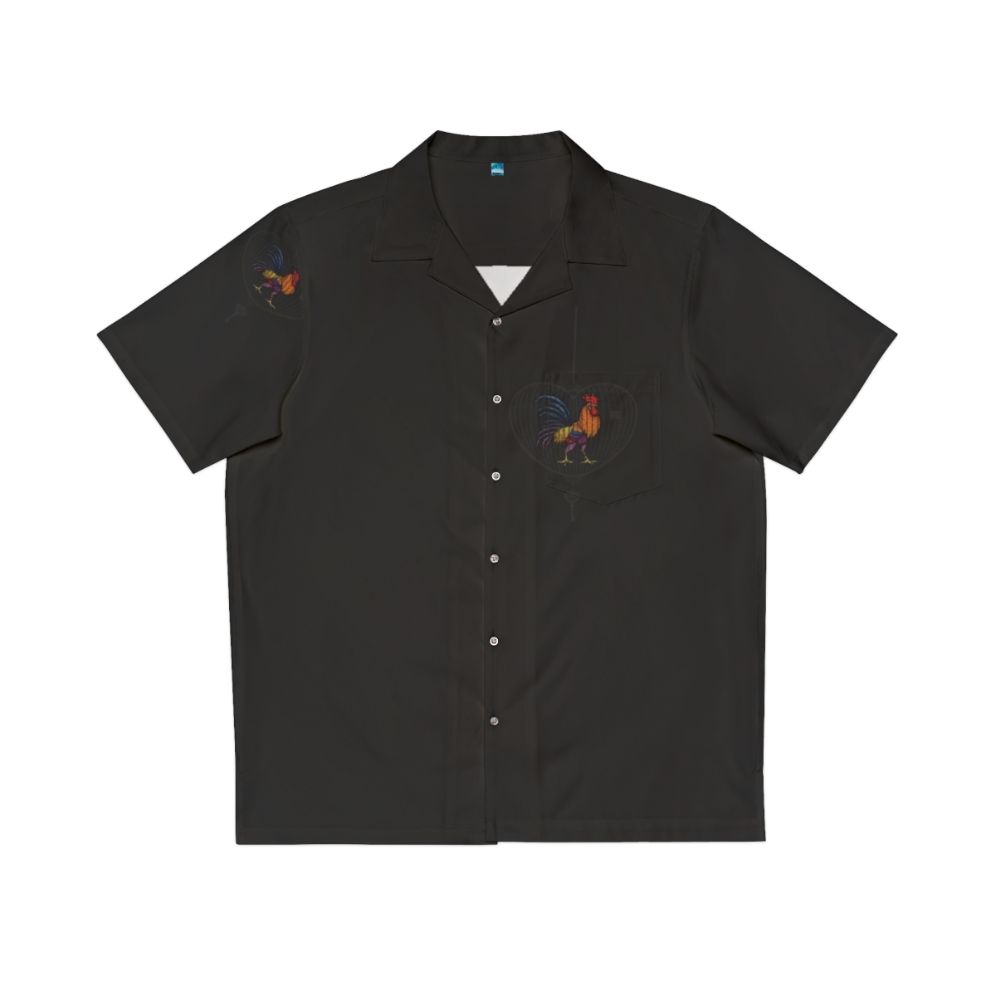 Dark coloured Hawaiian shirt with fiery rooster in cage design