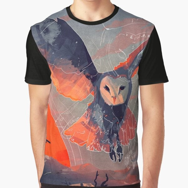 Stylized graphic t-shirt design featuring an owl hunter in a natural landscape.