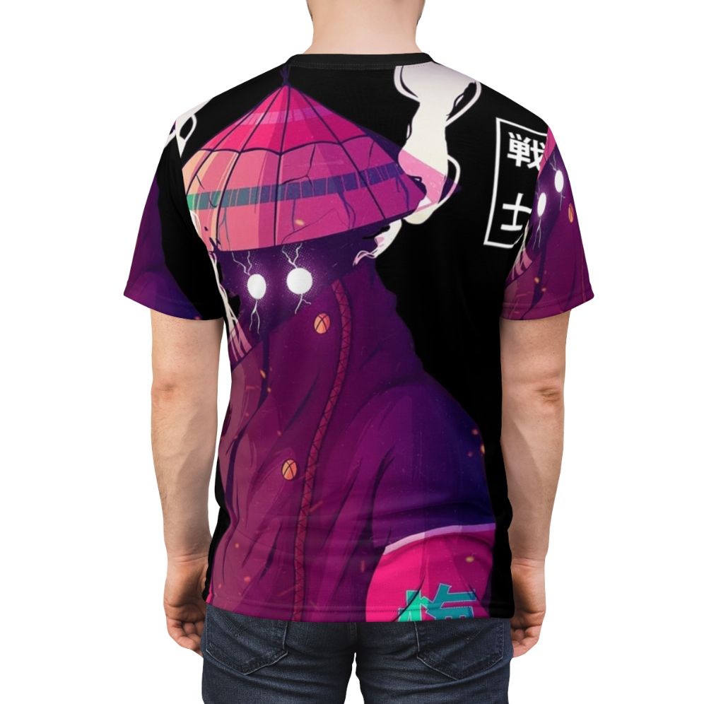 Cutting-edge Japanese cyberpunk-style t-shirt design featuring a samurai warrior in a futuristic, vaporwave-inspired urban setting - men back