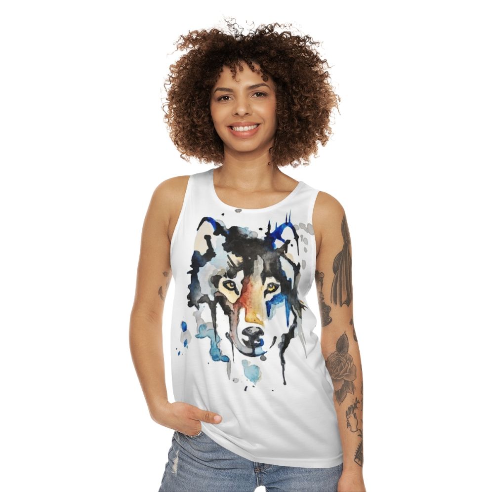 Watercolor wolf design on unisex tank top - women