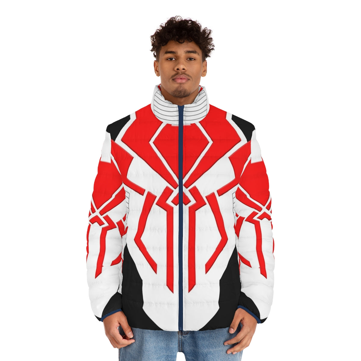 Marvel-inspired puffer jacket featuring Spider-Man 2099 design - men front