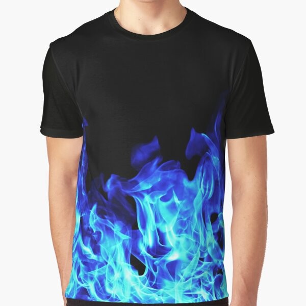 A graphic t-shirt featuring bold blue flames with an electric, neon design against a dark background.