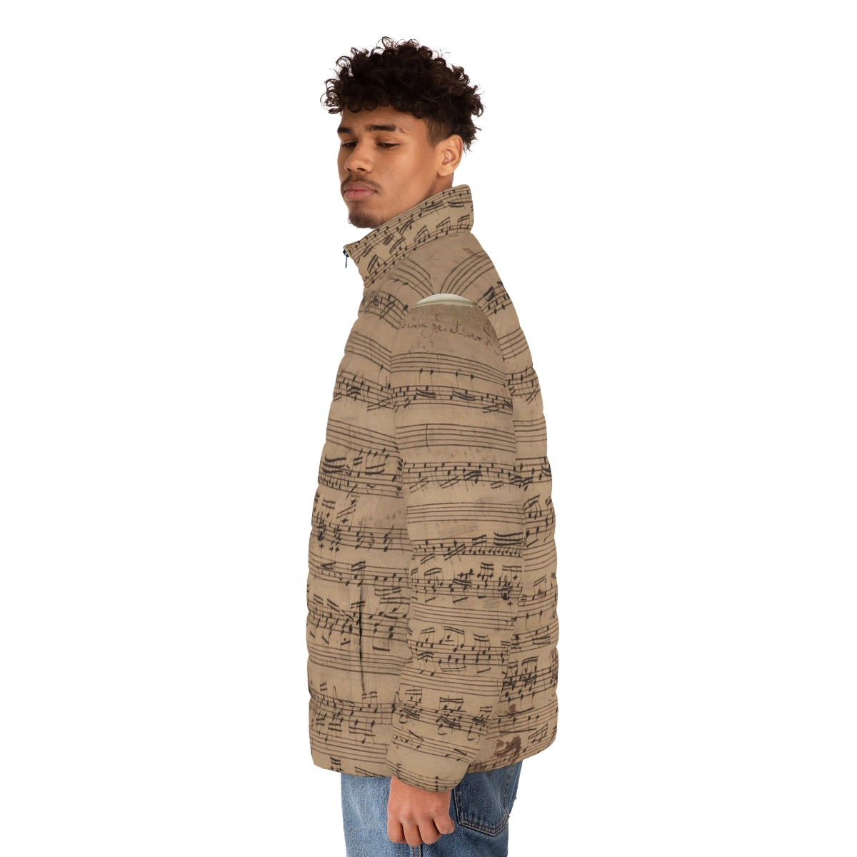 Puffer jacket featuring a musical score design with Bach's Baroque Praeludium notes - men side left