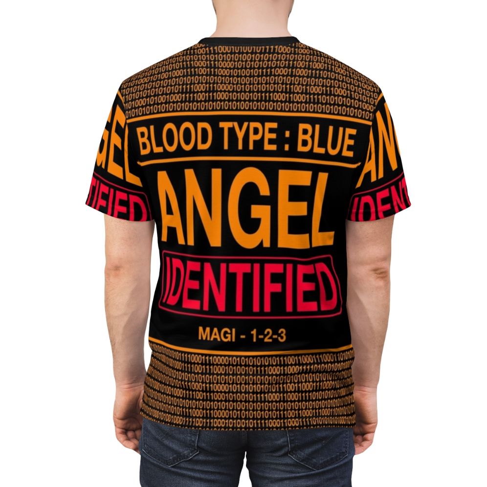 Evangelion-inspired t-shirt featuring an "Angel Identified" design in blue tones. - men back