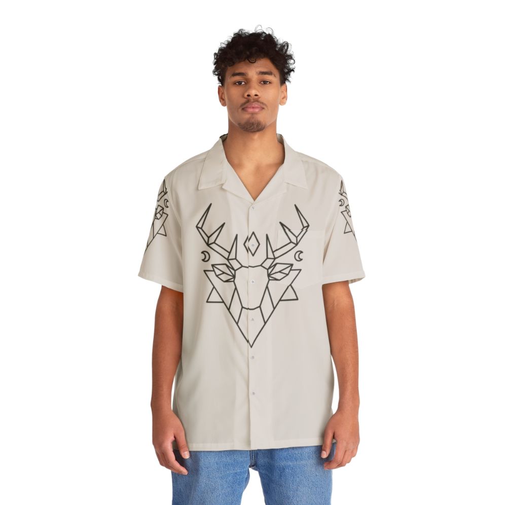 Mystic deer hawaiian shirt with geometric nature inspired design - People Front