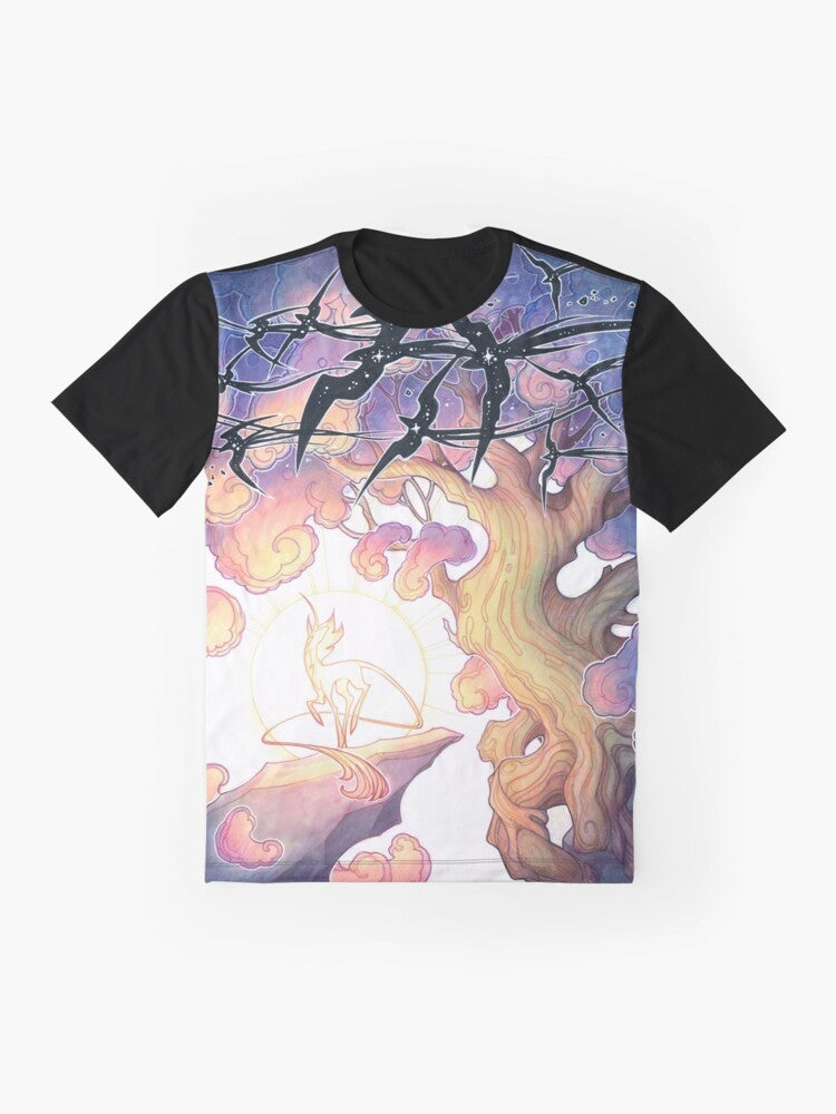 A graphic t-shirt featuring a fantasy design with a night sky, stars, and mythical creatures like unicorns and birds. - Flat lay