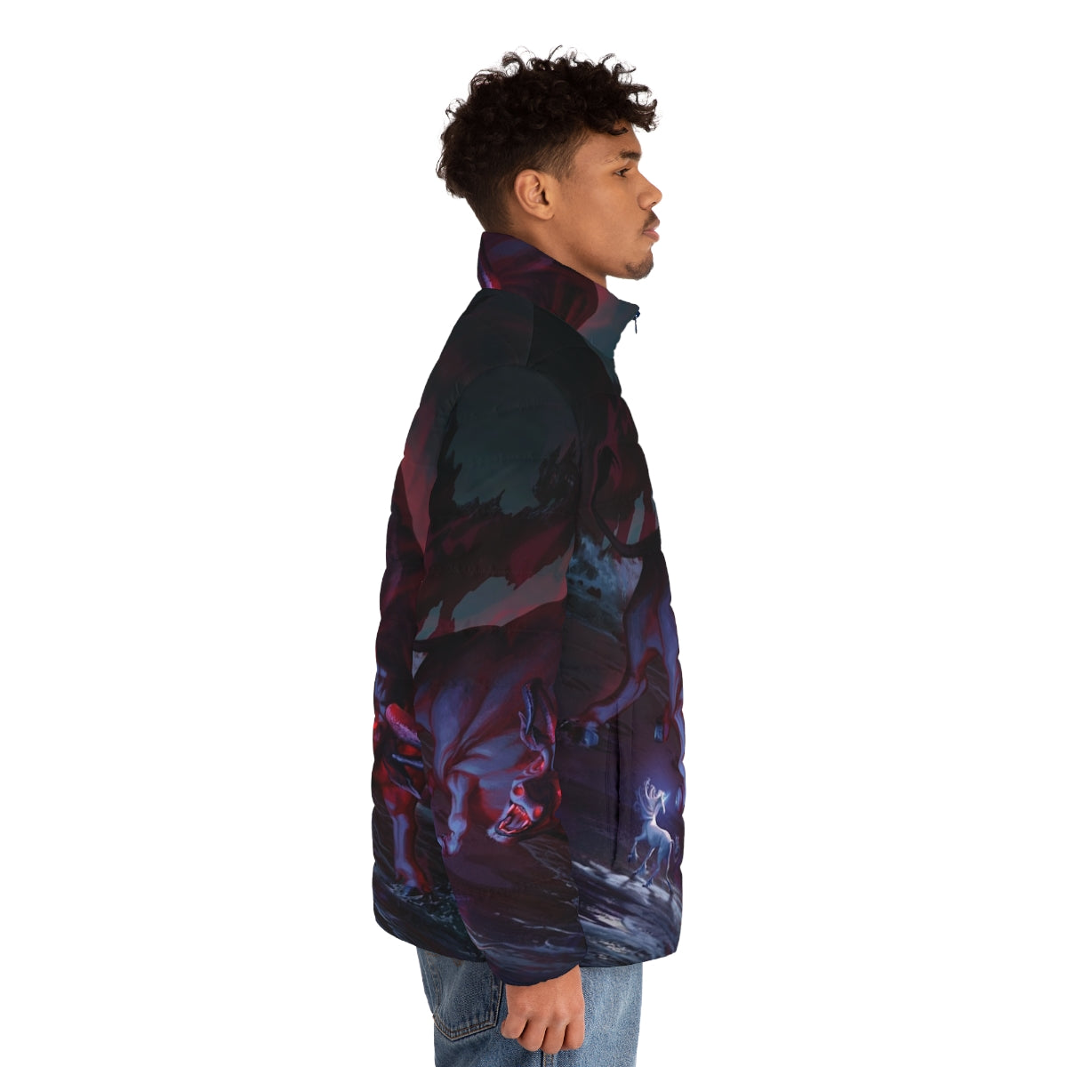 The Last Unicorn Fantasy Puffer Jacket with Mythical Unicorn Design - men side right